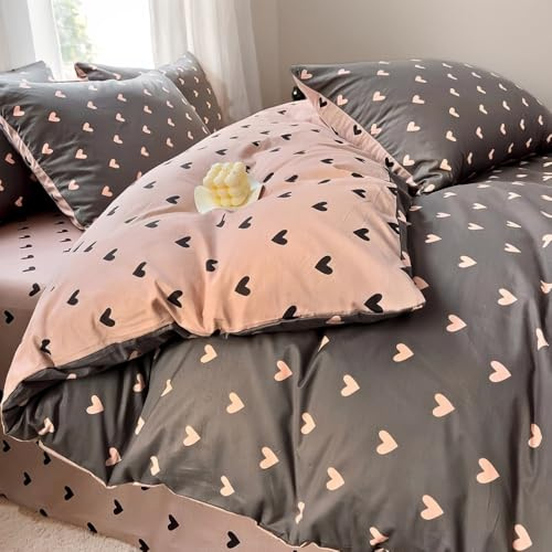 Nayoroom Bettwäsche 135x200 Mädchen Rosa Schwarz Herzen+Kissenbezug 80x80 | Bettbezug Set,Pink Herzchen,Aesthetic Cute,ÖKO-TEX,Bettwäsche-Sets,Renforce Mikrofaser,Deckenbezug,Reißverschluss,2teilig