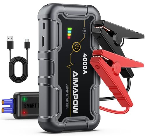 Booster Batterie Voiture 4000A, Démarreur de Voiture(Jusqu'à 7.0L Essence ou 5.5L Gazole), AIMAPOW Booster de Batterie, 12V Jump Starter avec Pinces de Sûreté Intelligentes, 3 Modes Lampe à LED