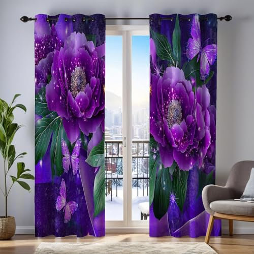2Er Set Blickdicht Vorhänge Wohnzimmer, 3D Glitzer Lila Blume Muster Blickdicht Schlaufenschal Schmetterling Verdunkelungsvorhang, Lärmminderung Gardinen Fensterdekoration H260 X B140 cm