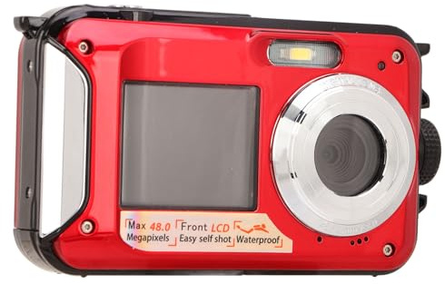 Tbest Cámara Digital DV, Full HD 2.7K 48MP 10 Pies Cámara Digital Subacuática Impermeable Zoom Digital 16X Delantero Trasero Doble SNS Cámara Digital Impermeable Rojo (Rojo)
