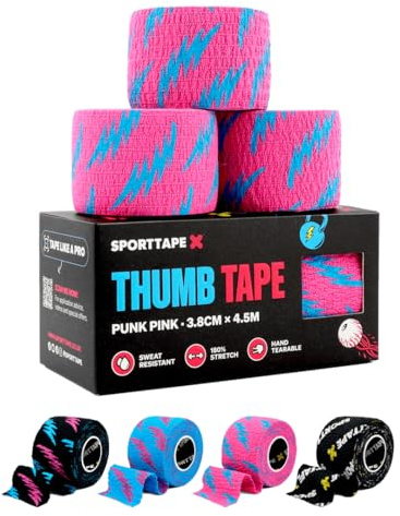 SPORTTAPE Hook Grip Tumtejp – 3 rullar, 3,8 cm x 4,5 m, Rosa | Självhäftande, svettålig och rivbar bomullstejp | Perfekt för tyngdlyftning, powerlifting och träning | Över 90 användningar
