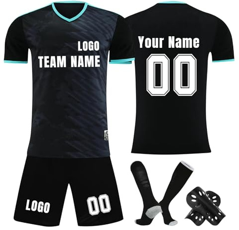 Generisch Personalisiertes Fußball Trikot Outfit Kinder/Erwachsene – Fußballshirt, Shorts, Socken & Knieschoner Set mit eigenem Namen und Nummer & Logo