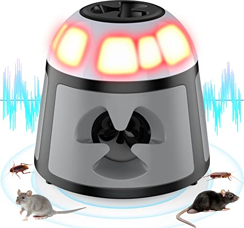 Ultrason Souris et Rats, Repulsif Souris Ultrasons 360° Anti Souris avec Lumière LED Appareil Ultrason pour Nuisible Rongeurs Plug in Répulsif Intérieur Dispositif Anti Nuisible Cafards pour Jardin