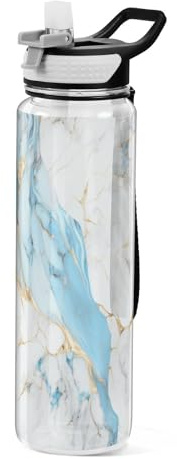 Light Blue White Gold Marble Water Bottle 1L with Straw, Leakproof BPA Free Tritan Drink Bottle, Sport Water Bottle for Men Women Kids