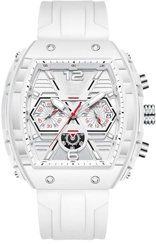 RORIOS Orologio da Polso Tonneau da Uomo Orologi Elegante Casual Orologio Sportivi Analogico Quarzo con Cinturino in Silicone Multifunzionale Bianco