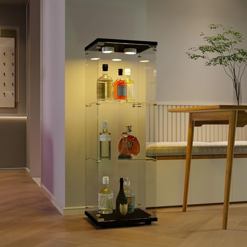 Vitrine mit LED Beleuchtung, 3-Lagen Moderne Glasvitrine Standvitrine, Sammlervitrine Vitrinenschrank für Schlafzimmer, Wohnzimmer und Büro (Schwarz-3 Böden-Einzeltür-Mit Licht, 125 x 42 x 36 cm)