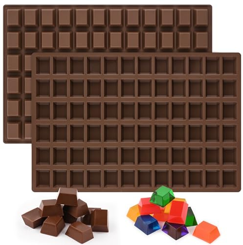 Sakolla 2 Pack Square Chocolate Molds, 72 Cavities Terrace Silicone Molds for Chocolate, Candy, Gummy, Jelly, Ganache, Ice Cubes (Brown)
