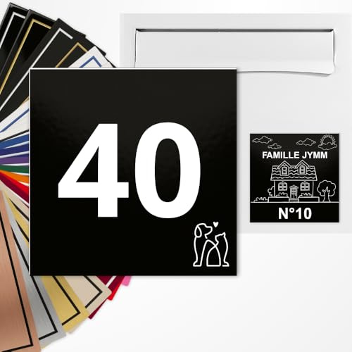 Numéro de Rue Maison Carré Personnalisé 10x10 cm Noir mat/Blanc | Gravure Laser, 22 Couleurs, Ornements Animaux Cœurs Régions ou Sans Motif, Adhésif 3M Pose Facile, Fabriqué en France