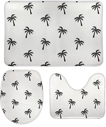 Badgarnitur 3 Teilig Schwarze Doodle-Skizze-Palme rutschfest Contour Badteppich Saugfähige WC Vorleger für Dusche Badezimmer