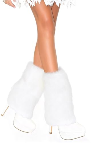 XEPST Faux Fur Fuzzy Leg Warmers Furry Boot Covers for Women, Warm Fuzzy Boot Cuffs Fluffy Leg Warmers for Party Costumes - White, 25 cm