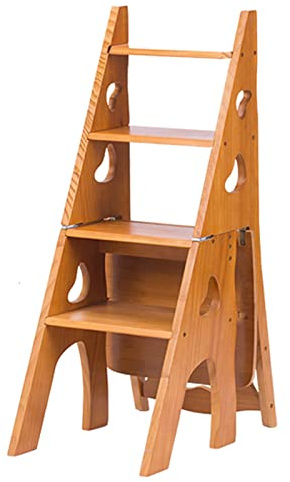 Marchepied pliable 3 en 1 en bois multifonction pour la maison et la bibliothèque - Couleur marron - Design peu encombrant - Idéal pour les plantes et le rangement