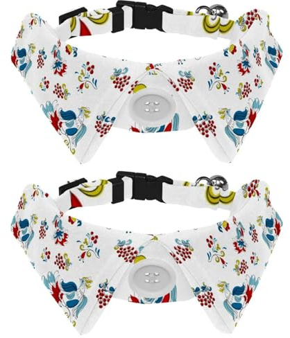 Confezione da 2 collari per cani con papillon e campana, Firebird e ribes in motivo floreale russo, regolabile, design bavero per gatti di piccola taglia