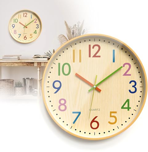 Reloj de pared infantil de aprendizaje de 30 cm, reloj de pared para niños sin ruido de tictac, reloj decorativo alimentado por pilas, de madera, con números arábigos coloridos, silencioso, para niños