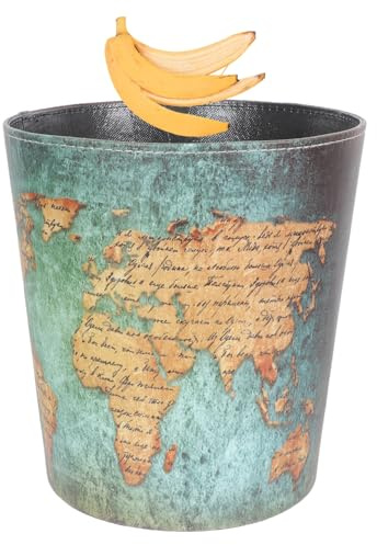 TOYZFRIENDY Poubelle En Cuir Vintage Motif Carte Verte 15l Seau Découvert Conteneur à Ordures Rétro Bureau Maison Salle De Bain Chambre Sans Couvercle