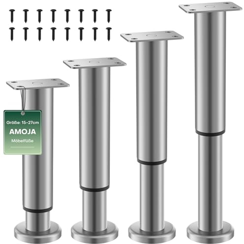 AMOJA 4 Stück Möbelfüße Verstellbar 15-27cm, Metall-Ersatzfüße für Möbel | Möbelbeine mit Gummi-Antirutsch-Pads, Tragkraft bis 450 kg, passend für Betten, Sofas, Schränke, Badezimmerschränke &Tisch