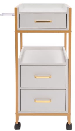 Chariot de rangement pour coiffeur avec 3 tiroirs et 2 étagères ouvertes - Chariot en métal robuste doré et blanc avec roulettes universelles pour salon de coiffure et salon de beauté