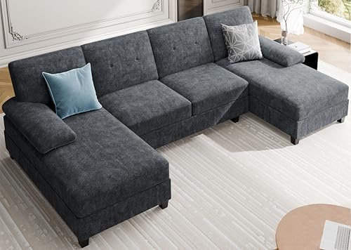 Meilocar Sectional Couches for Living Room, U Shaped Couch 4 Seat Sectional Sofa with Chaise and Armrests, Comfortable Fabric Large Sofa for Apartment (Grey)