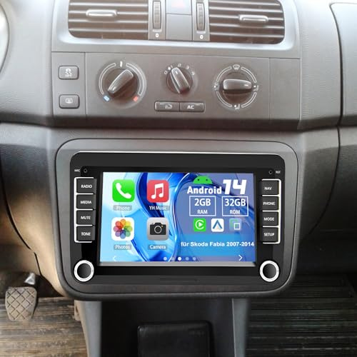 Slakerbe Android 14 Autoradio 2 Din mit Carplay Android Auto für Skoda Fabia 2007-2014, 2G+32G 7 Zoll Auto Radio Stereo mit Bluetooth Navi WiFi FM RDS Rückfahrkamera