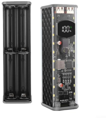 Custodia portatile per power bank in ABS trasparente, design a saldatura, per assemblaggio fai da te, compatibile con celle della batteria 8 x 18650, supporta la ricarica rapida da 22,5 W e 45 W (nero