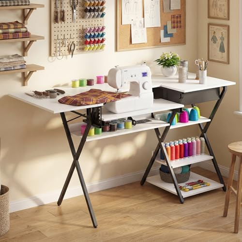 Sewing Table for Sewing Machines,2in1 Folding Sewing Machine Table with Charging Station,Hobby Craft Table with Foldable Side Shelf&4 Open Shelves&Drawer,Computer Desk Workstation for Home Office