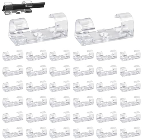 Pack de 50 Clips Autoadhesivos para Organización de CablesGestión de Cables Eléctricos de USB, TV, Cargador y Audio - Ideal para Hogar, Oficina y Centro de Datos (Transparente y Efectivo)