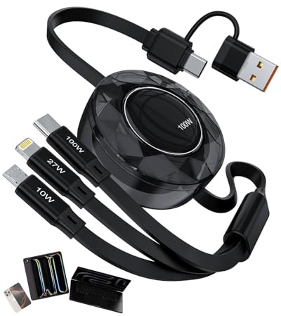 5-in-1 100W Retractable Multi Charging Cable, 5A Fast Charging Cables for Multiple Devices with Lightning/Type C/Micro USB Ports, USB Multi Charger Cords for iPhone 16 15 14, iPad,MacBook, Tablet