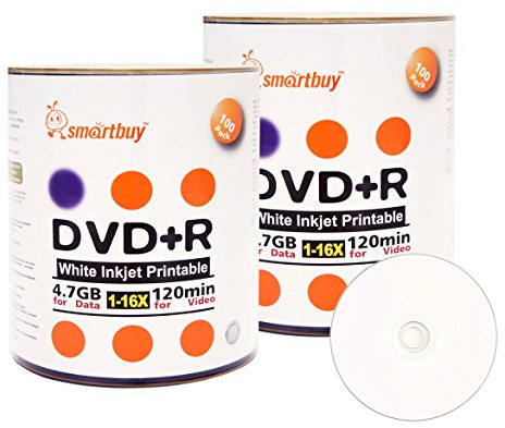 Smart Buy 200 Pack DVD+R 4.7gb 16x White Printable Inkjet Blank Media Record Disc, 200 Disc 200pk