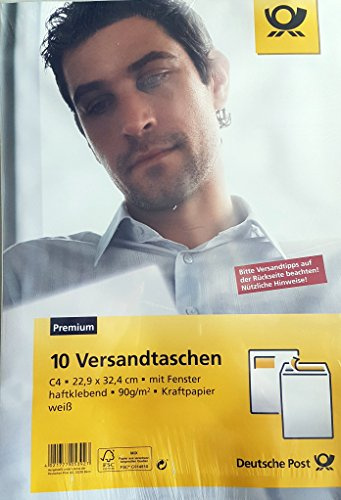 10 Versandtaschen C4 90g/qm Kraftpapier weiß mit Fenster haftklebend