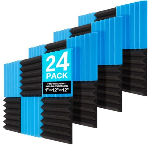JBER 24-pack blå och kol akustiska paneler studio skum kilar brandsäker ljudisolerad stoppning svarta väggpaneler 5 cm x 30 cm x 30 cm