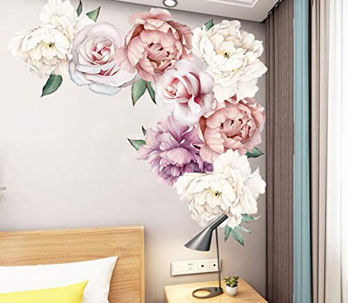 COVPAW® Wandtattoo Wandaufkleber XXL Pfingstrose Blumen Ranke Rosen Rosa Wandsticker Wandbild Bilder Wohnzimmer Schlafzimmer Deco