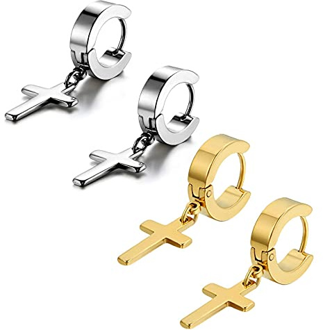 Flongo Herren Ohrstecker Creolen Damen Ohrringe, Edelstahl Ohrstecker Ohrringe Silber Schwarz Gold Stecker Runden Kreuz Anhänger Jahrgang Männer, Frauen