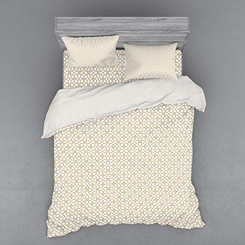 Ambesonne Geometric Duvet Cover Set, Trellis Fence Inspired Repetitive Sequence Tangled Art Deco Pattern, 4 Piece Bedding Set with Shams and Fitted Sheet, Queen Size, Pale Brown and White