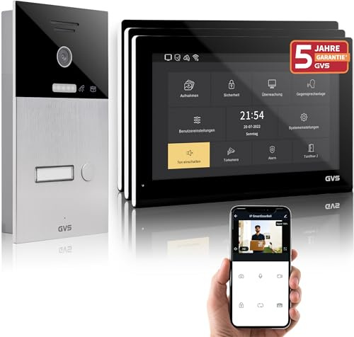 GVS IP Video Türsprechanlage mit Türöffner, 3X 10 Zoll Monitore & App | Smarte Video Türklingel mit Kamera und Monitor & App - Gegensprechanlage für 1 Familienhaus (AVS5507U)