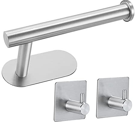 ROUMIO Toilettenpapierhalter/Klopapierhalter, Handtuchhaken 2 Stück Handtuchhalter, Ohne Bohren, Rostfrei, Ideal für Badezimmer Toilette Küche. (Toilettenpapierhalter + 2*handtuchhaken Silber)