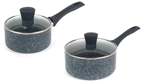 Russell Hobbs Lot de 2 casseroles en pierre de 16 cm et 20 cm avec couvercles en verre, antiadhésives, faciles à nettoyer, sans PFOA, poignées douces au toucher, cuisinez avec peu ou pas d'huile