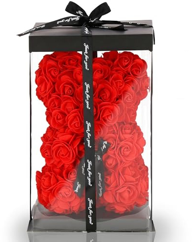 SPRINGOS Teddybär aus Rosen Rosenbär in Geschenkbox mit Schleife Kunstblumenfigur Höhe 25 cm rosenbär mit Herz rosenteddy bär