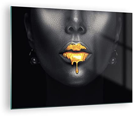 Quadro su Vetro Oro Bocca Nero Stampe da Parete in Vetro 70x50cm Quadri Moderni Soggiorno Camera da Letto Cucina 1 pezzo Piccoli Decorazione Murale Wall Art Grafica Immagini GAA70x50-4460
