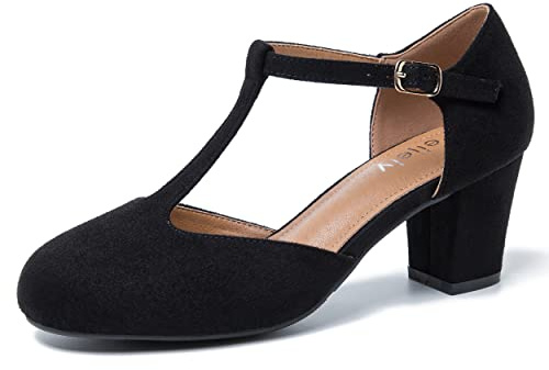 Women's T-Strap Mary Jane Pumps, Block Heel, Closed Toe, Dress Shoes with Buckle Suede Black 42 - US 9.5
