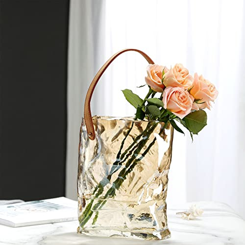 NLDGR Jarrón de vidrio para flores, bolsa de vidrio transparente con pecera, jarrones de vidrio transparente con asas, jarrón moderno para decoración del centro de mesa del hogar [L dorado]