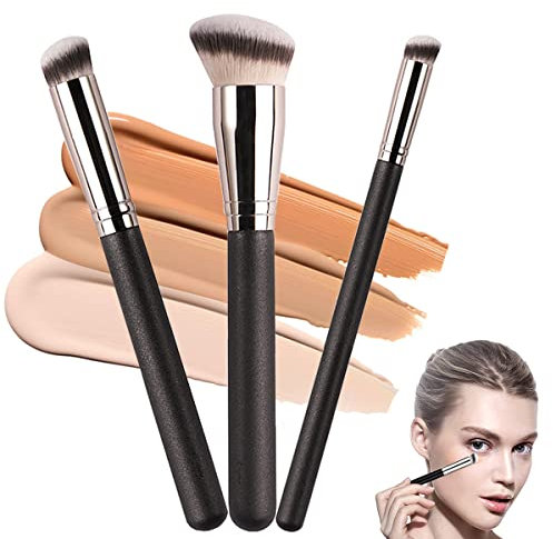 3Pcs Pinceau Fond de Teint, Pinceau Anticernes, Pinceau de Maquillage Professionnel pour Maquillage du Visage, Foundation Brush pour Mélange Liquide, Crème, Poudre, Fard à Joues ou Anticerne (A)