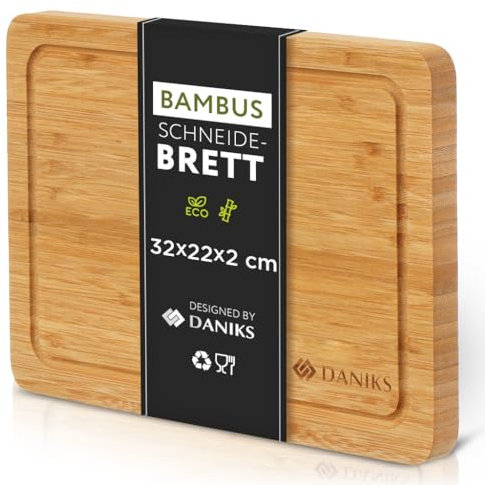 Daniks Premium 100% Organic Bamboo Chopping Boards | Extra-Thick Wooden Cutting Board with Juice Groove | 32x22x2 cm | Ideal for Carving Meat, Cutting Vegetables, Cheeses and Bread