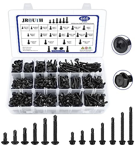 465 PCS Self Drilling Screws, 410 Stainless Steel Self Tapping Screws #8#10 for Metal-2 Type Head（Hex/Round） 1/2 to 2 Sheet Metal Screws Assortment Set for Building, Metal, Wood, and Plastic