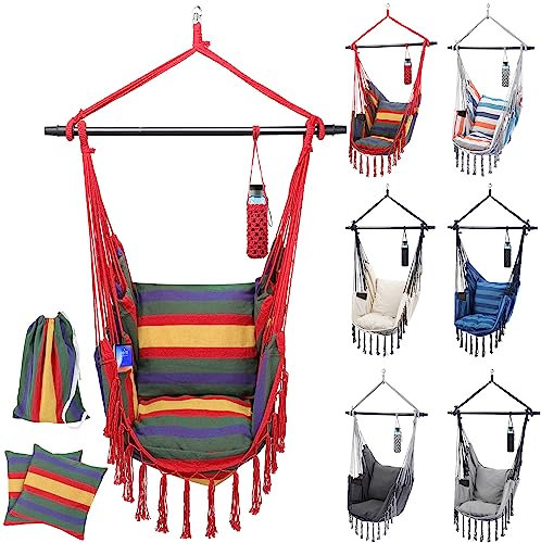 MIADOMODO® Hängesessel - Outdoor, Indoor, Kissen, Haken, Kinder/Erwachsene, Balkon/Wohnzimmer/Garten/Camping, 150 kg, Faltbar, Farbwahl - Hängesitz, Hängestuhl, Hängeschaukel (Rot/Grün/Gelb)