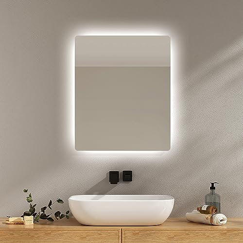 EMKE Badspiegel mit Beleuchtung 50x60cm, Badezimmerspiegel mit Beschlagfrei, 2 Lichtfarbe Warmweiß/Kaltweiß, Kippschalter, IP44 energiesparend Explosionsgeschützte Spiegel