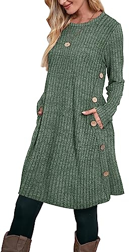 Aokosor Jumper Dress for Women Tunic Dress Ladies Long Sleeve Dress with Pockets Side Buttons Dress for Leggings
