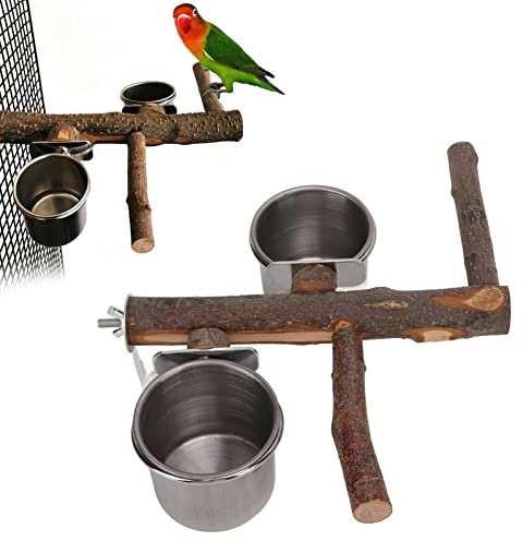 Edelstahl Vögel Futternapf und Holz Ständer, 22cm Futterspender Sitzstangen Kombinations Vogelkäfig Feeder für Kleine Mittelgroße Wellensittiche Sittich Nymphensittich