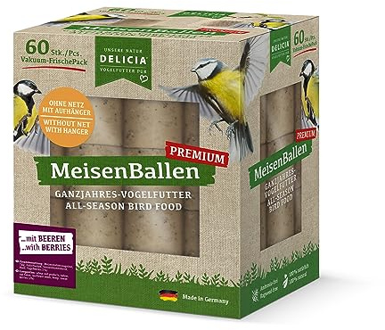 DELICIA® Balle premium per cincincinciocce con bacche (60 pezzi senza rete) · Gnocchi con gancio · Blocco grasso per uccelli da giardino e uccelli selvatici · Mangiatoia per uccelli · Palla di grani