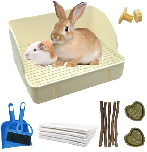 MUYG Rabbit Litter Box Toilet,Bunny Plastic Square Cage Toilet with Grate Rabbits Corner Litter Bedding Small Animal Pet Bunny Box Potty Trainer Pet Pan for Guinea Pig,Ferret,Chinchilla(White)