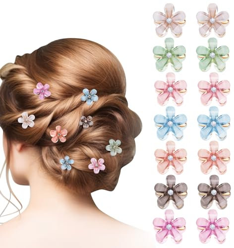 Halinuia 14 Stück Blumen Haarschmuck - 7 Farben Pearl Haarspangen, Mini Damen Haarklammer Klein Flower Hair Clip für Alltag Party Hochzeit Foto Dünnes Haar