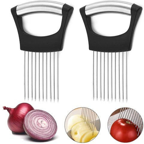 TRKETK 2 Piezas Rebanador de Cebolla, Soporte de Cebolla de Acero Inoxidable Soporte de Cebolla Todo en Uno Cortador de Cebolla Rebanador Asistente de Rebanada de Alimentos Gadget de Cocina